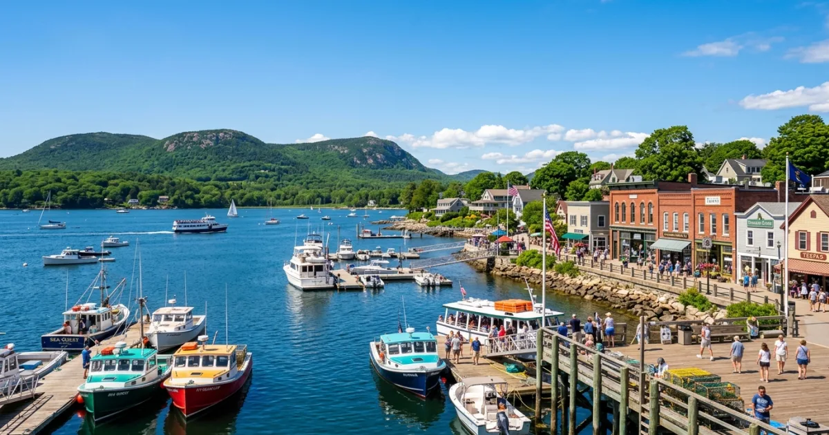 Scenic view of Downtown Bar Harbor waterfront with boats docked in Frenchman Bay