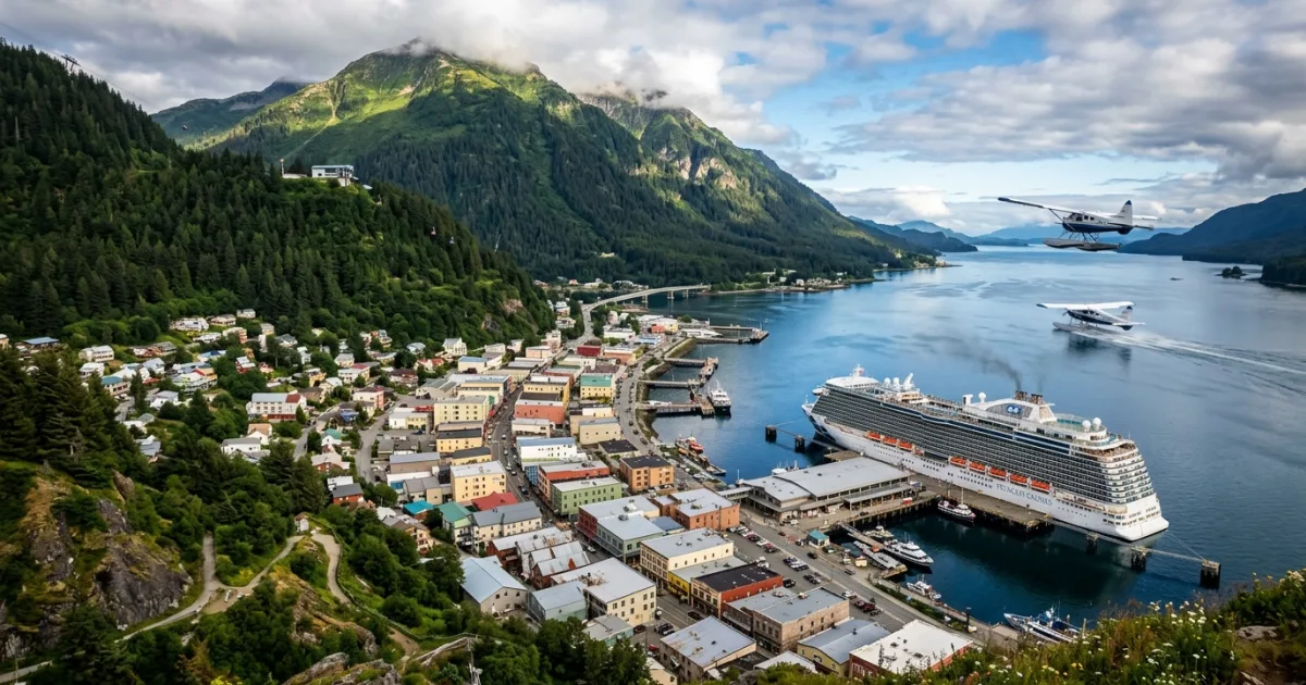 Scenic wide-angle view of Downtown Juneau waterfront and Mount Roberts