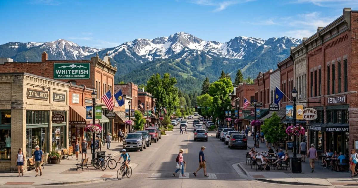 Central Avenue in Downtown Whitefish with mountains in the background
