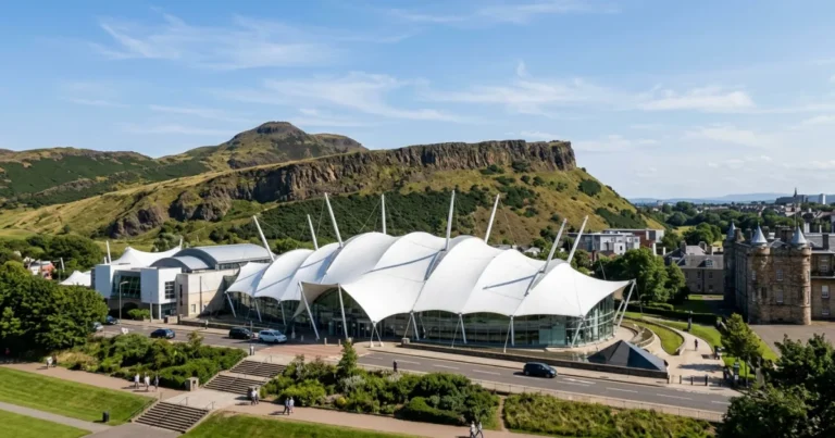Dynamic Earth 7 Exterior view of Dynamic Earth in Edinburgh with Arthur's Seat in the background