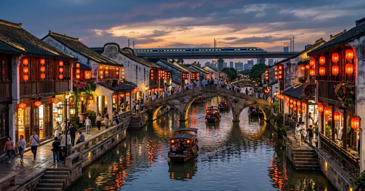Traditional East China water town canal at twilight with glowing red lanterns