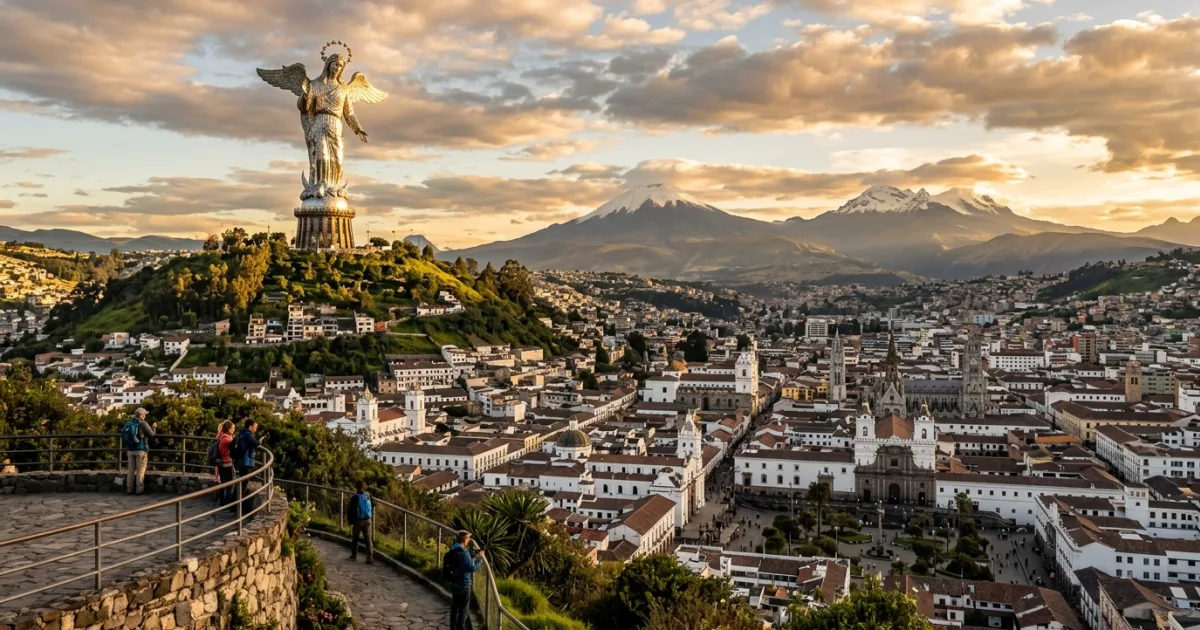 Panoramic view of El Panecillo and the Virgin of Quito statue overlooking the city.