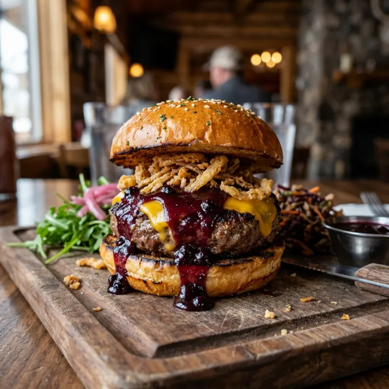Elk Burger with Huckleberry BBQ Sauce on a wooden board