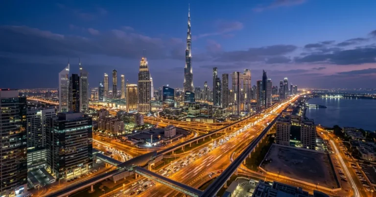 Emirate of Dubai 1 Panoramic view of the Dubai skyline and Burj Khalifa at twilight