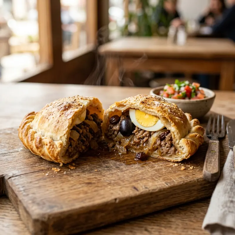 Freshly baked Chilean Empanada de Pino cut in half