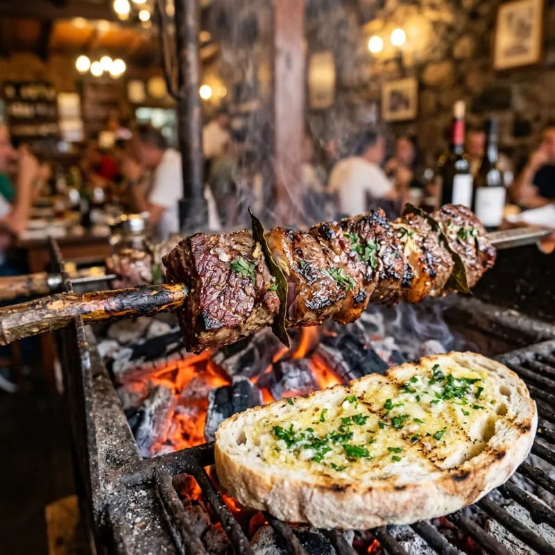 Espetada Madeirense grilled beef skewers on a laurel branch