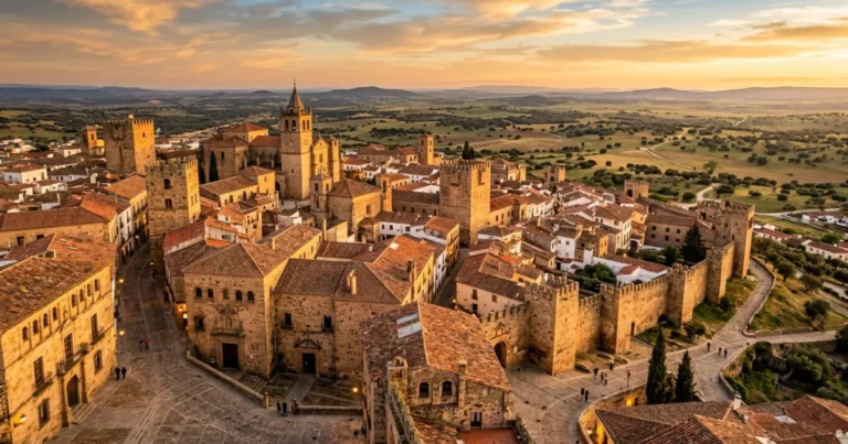 Extremadura 13 Panoramic view of the medieval old town of Cáceres at sunset