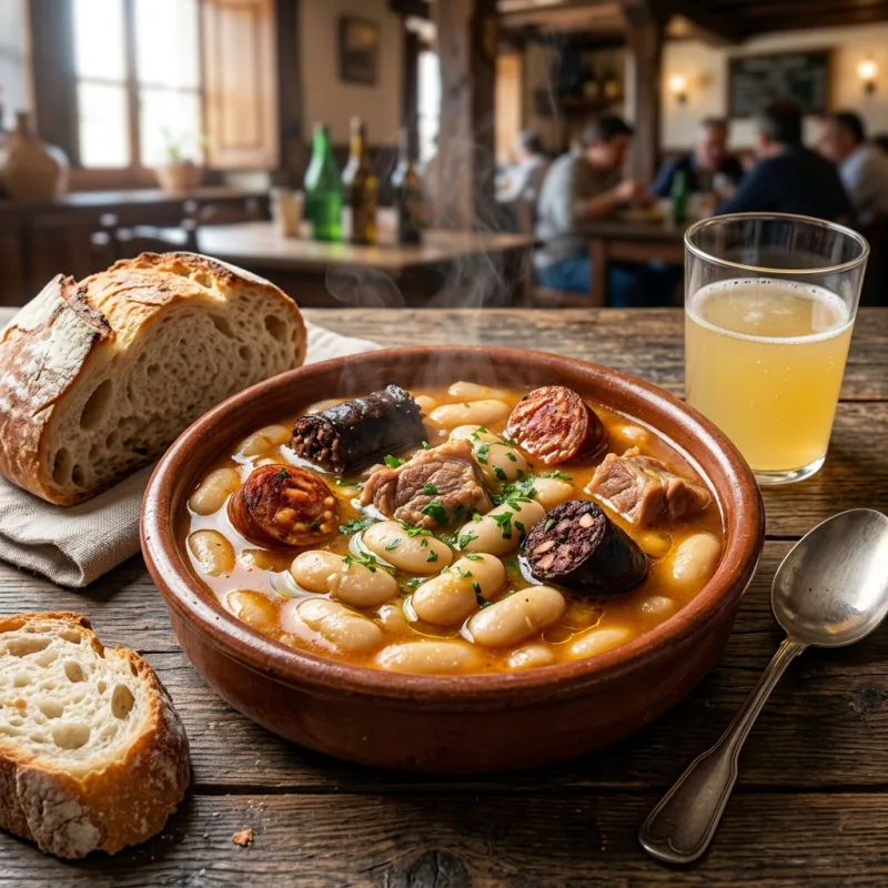 A traditional clay bowl filled with Fabada Asturiana bean stew