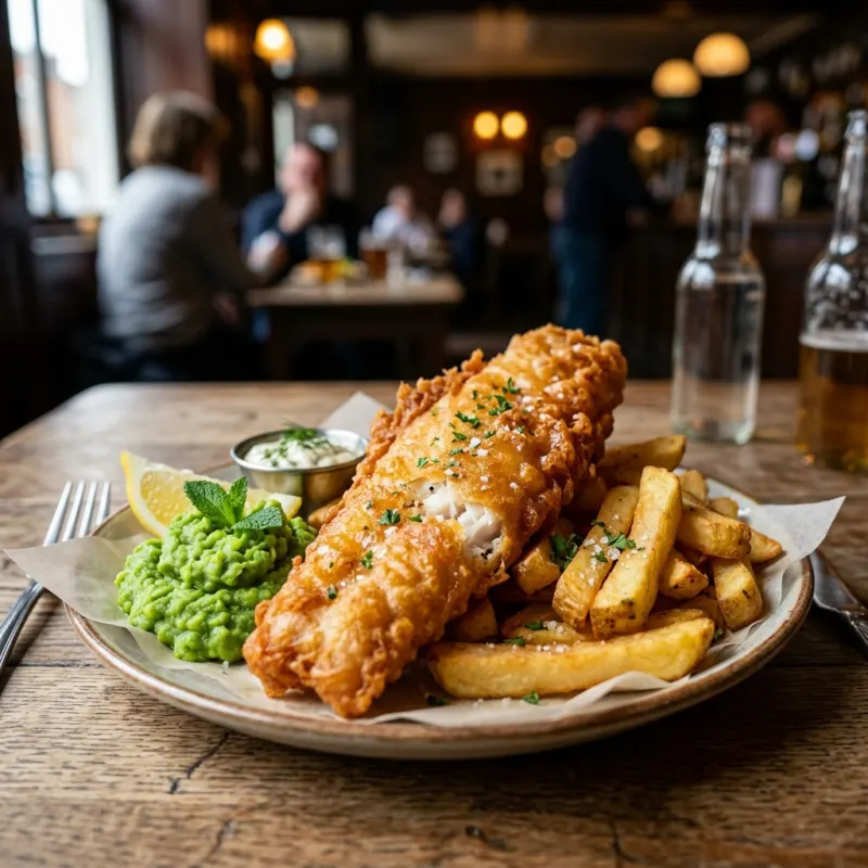 Traditional British Fish and Chips with mushy peas