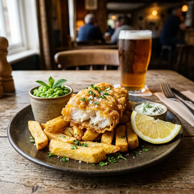 Traditional British Fish and Chips with mushy peas and lemon