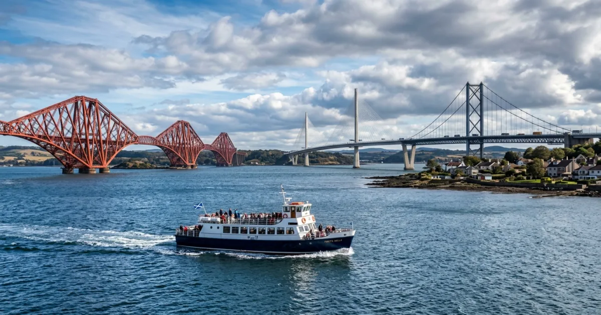 Sightseeing boat sailing past the three Forth Bridges in Scotland