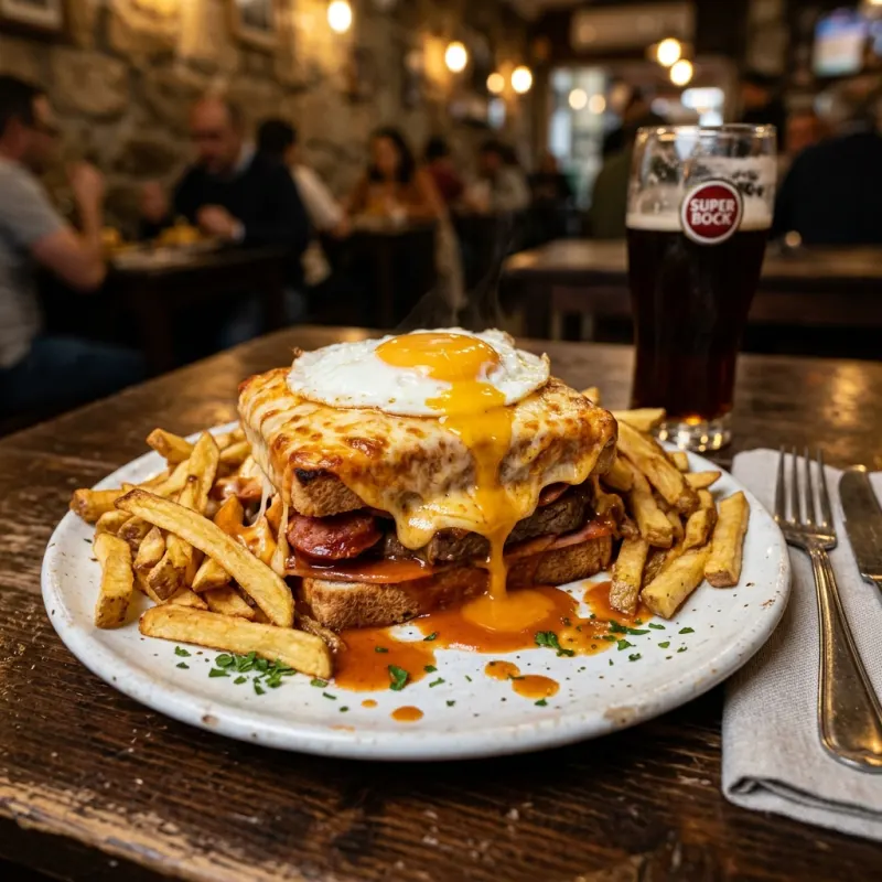 A traditional Portuguese Francesinha sandwich covered in cheese and sauce with french fries