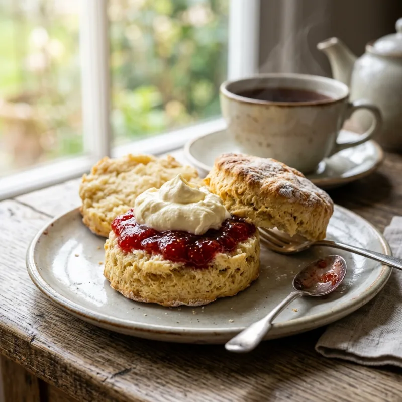Freshly baked scone with clotted cream and jam on a ceramic plate