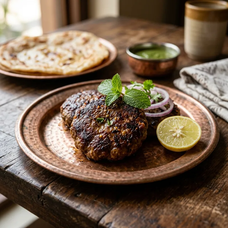 A plate of traditional Awadhi Galouti Kebabs with paratha and garnishes