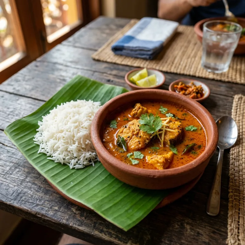 Authentic Goan Fish Curry served with rice on a banana leaf