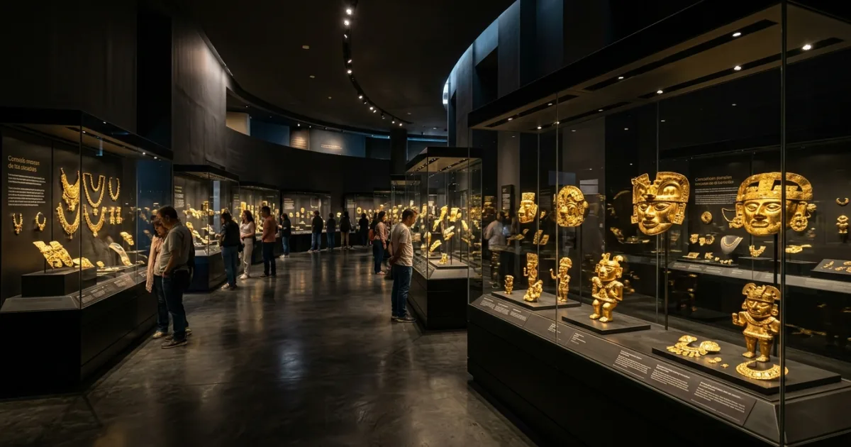 Interior view of the Gold Museum in Bogota showing illuminated gold artifacts in glass cases