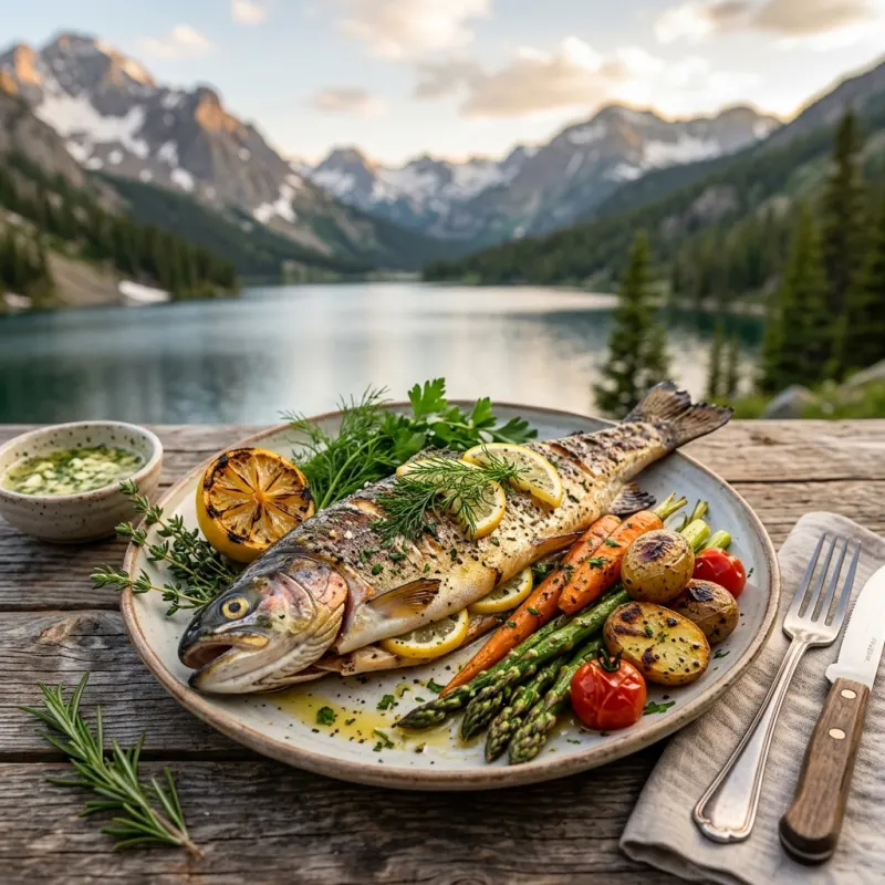 Grilled Rocky Mountain Trout on a rustic plate