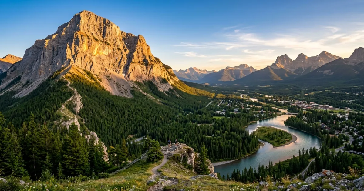 A majestic wide-angle view of Ha Ling Peak in Canmore, Alberta during golden hour