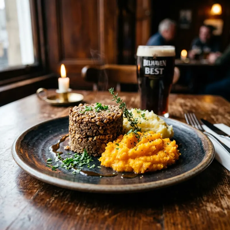 Haggis, Neeps, and Tatties on a rustic plate