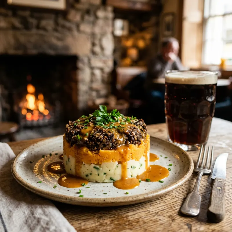A traditional plate of Haggis, Neeps, and Tatties with whisky sauce