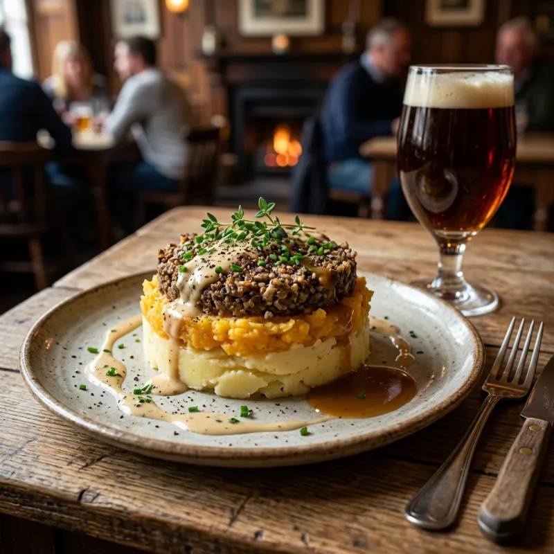 A plate of traditional Scottish Haggis, Neeps, and Tatties