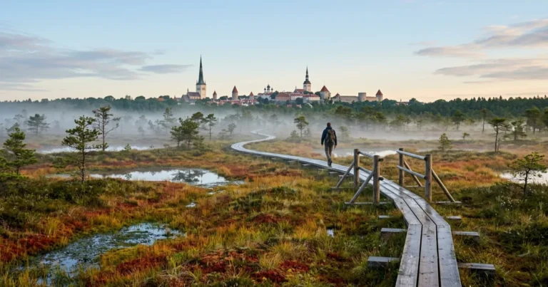 Harju County 1 Scenic view of a wooden boardwalk in an Estonian bog with Tallinn's medieval skyline in the distance