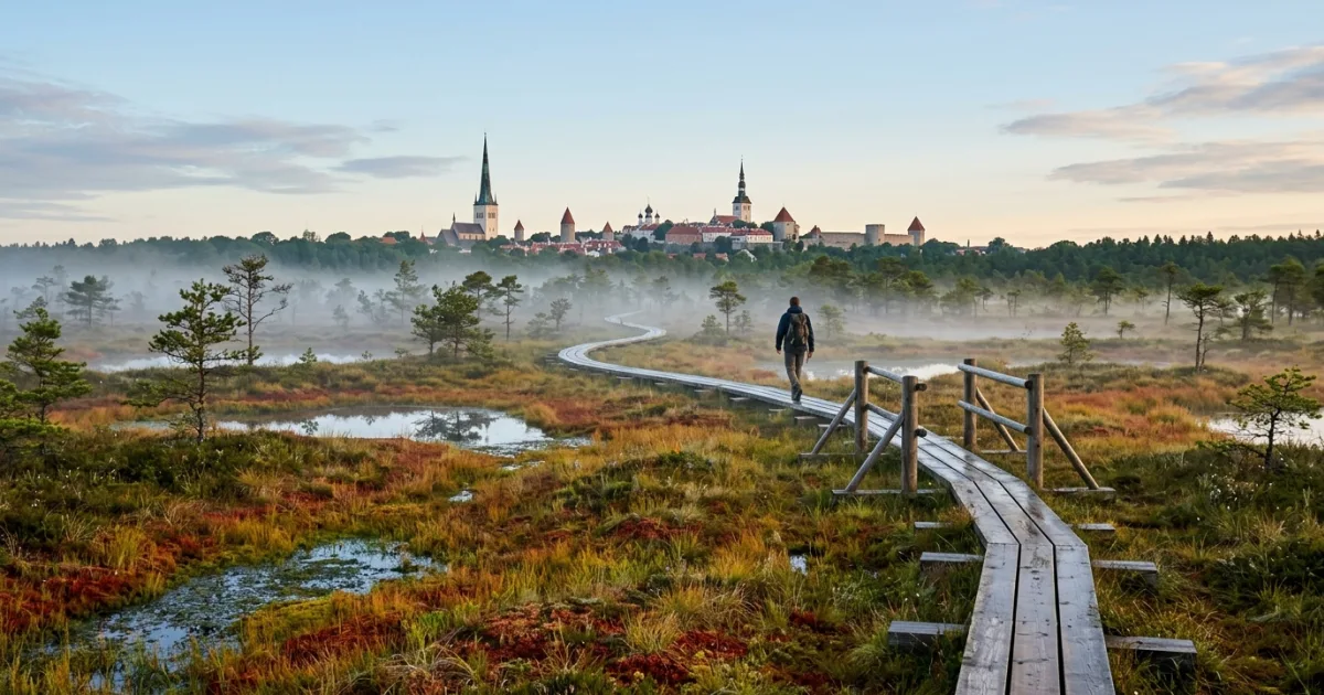 Scenic view of a wooden boardwalk in an Estonian bog with Tallinn's medieval skyline in the distance