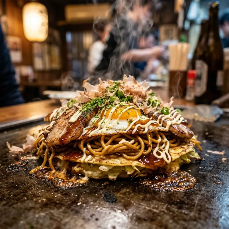 Hiroshima-style Okonomiyaki cooking on a teppan grill