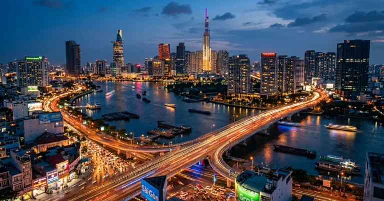 Ho Chi Minh City 6 Ho Chi Minh City skyline at twilight with illuminated skyscrapers and bustling traffic