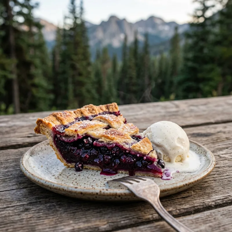 A slice of wild huckleberry pie with vanilla ice cream