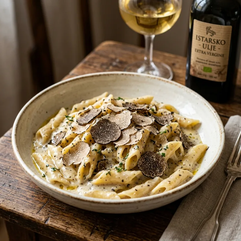 A bowl of traditional Istarski fuži pasta topped with shaved truffles
