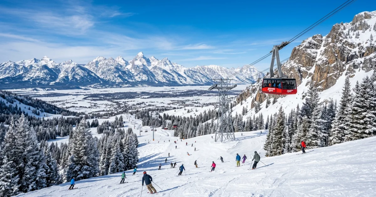The red Aerial Tram ascending the snowy peaks of Jackson Hole Mountain Resort