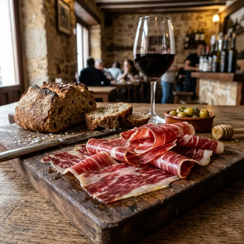 Slices of Jamón Ibérico de Bellota on a wooden board