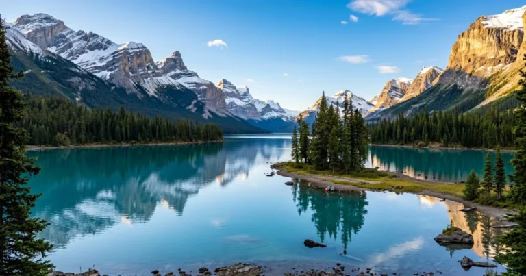 Jasper National Park 1 Spirit Island surrounded by the turquoise waters of Maligne Lake and snow-capped mountains in Jasper National Park