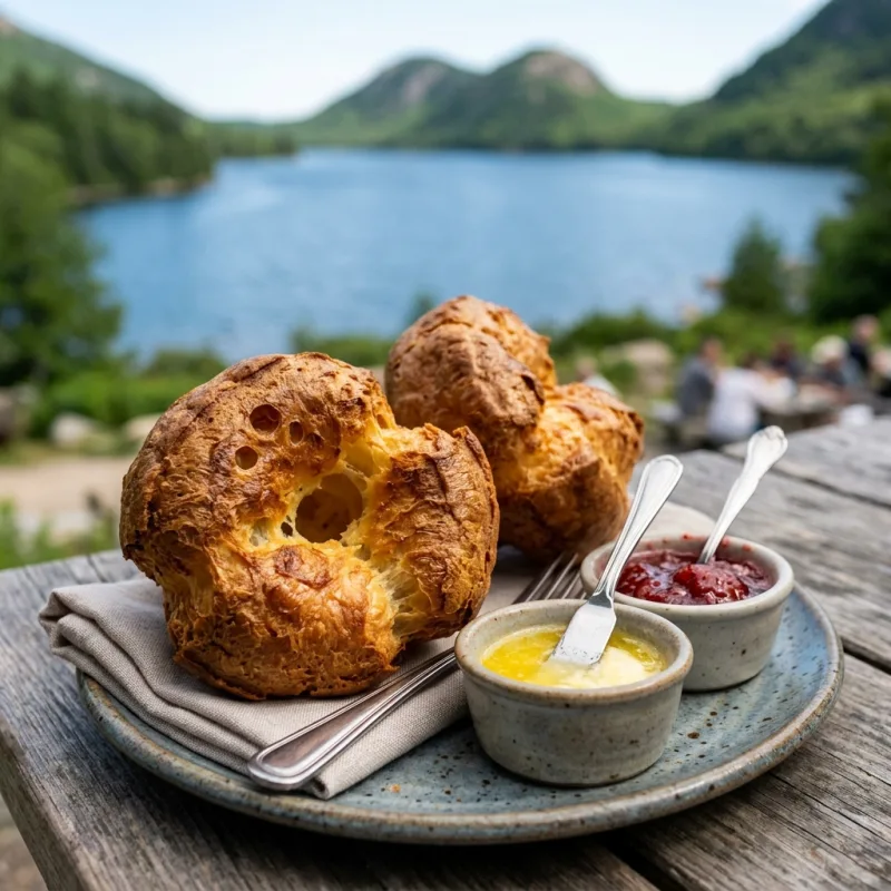 Warm popovers with strawberry jam and butter at Jordan Pond House
