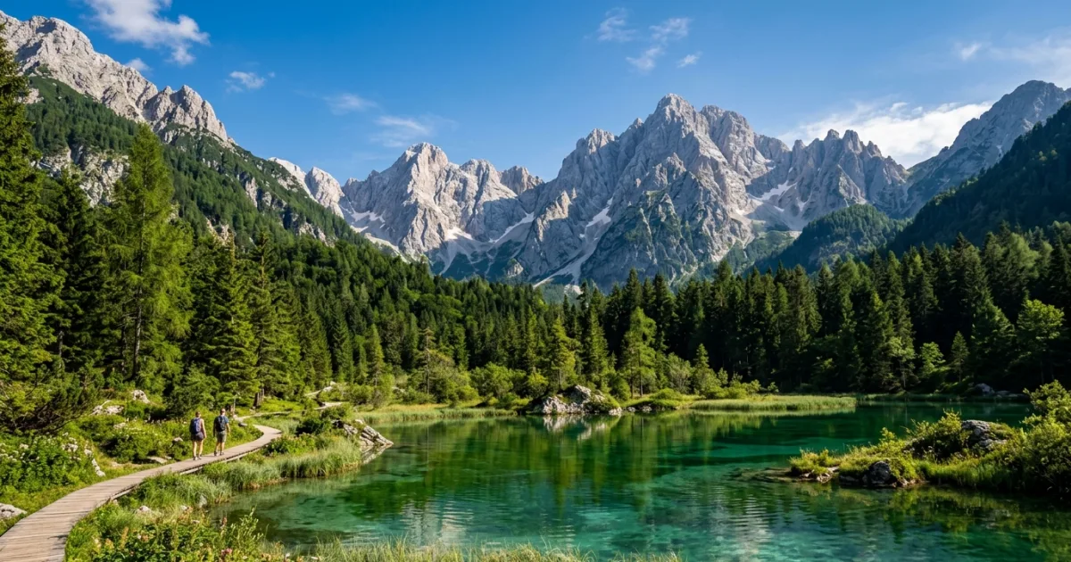 Scenic view of a pristine alpine lake surrounded by the jagged peaks of the Julian Alps in Slovenia