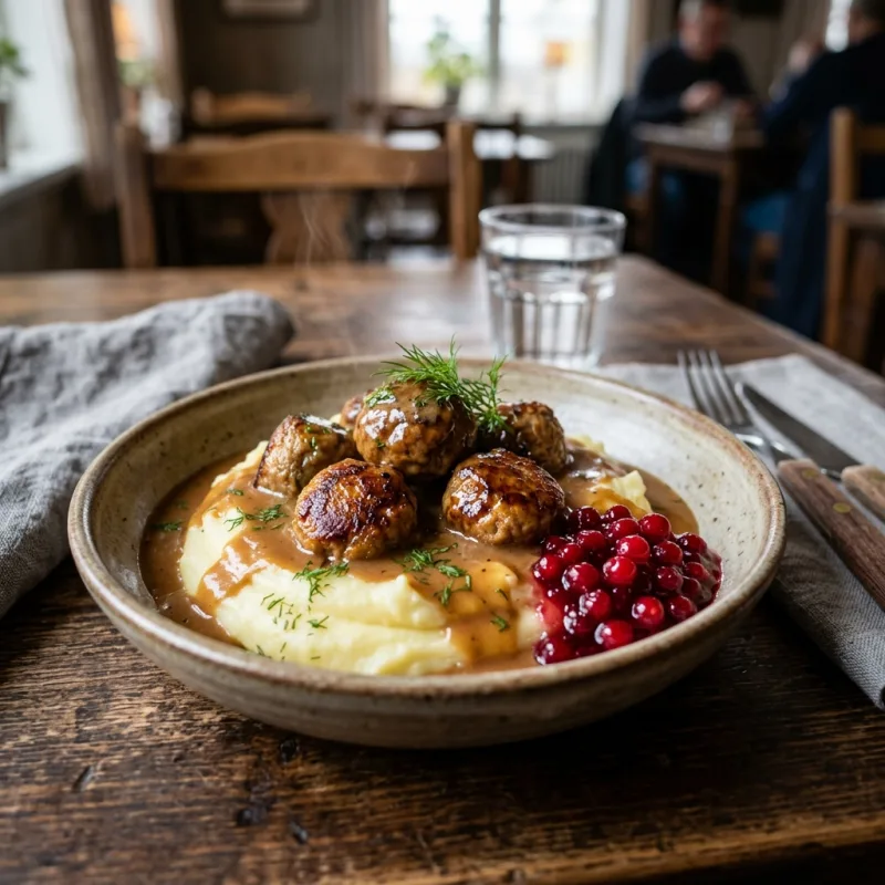Traditional Swedish meatballs with mashed potatoes and lingonberry jam