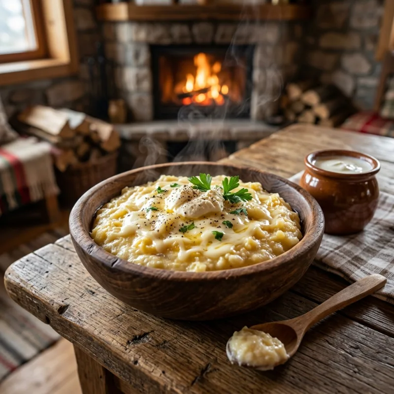 A wooden bowl of traditional Montenegrin Kačamak with melted cheese