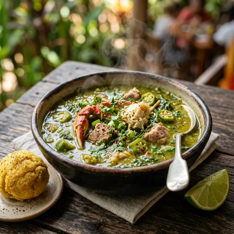 A bowl of traditional Kallaloo soup with seafood and fungi