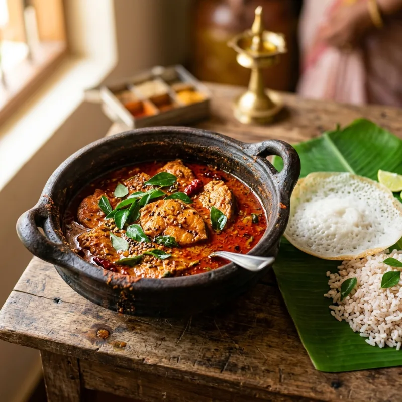 Traditional Kerala Fish Curry served in an earthen pot with appam