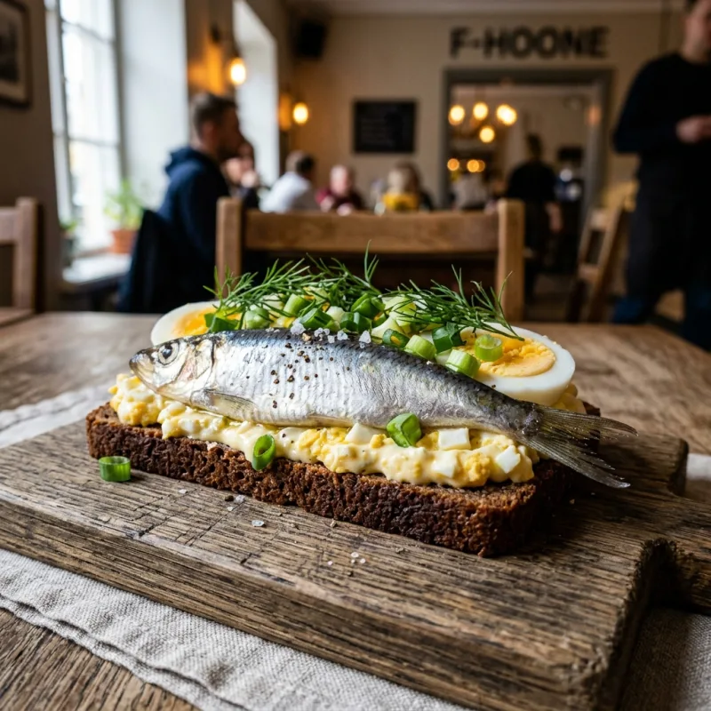 Traditional Estonian Kiluvõileib sprat sandwich on dark rye bread