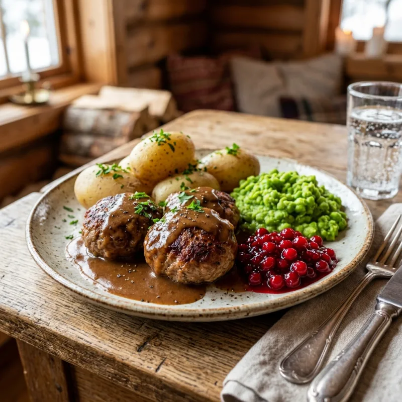 Traditional Norwegian Kjøttkaker with potatoes, mushy peas, and lingonberry jam