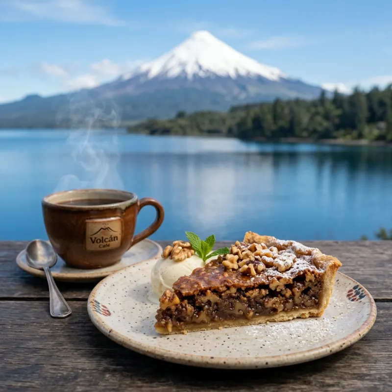 A slice of Kuchen de Nuez with coffee by Llanquihue Lake