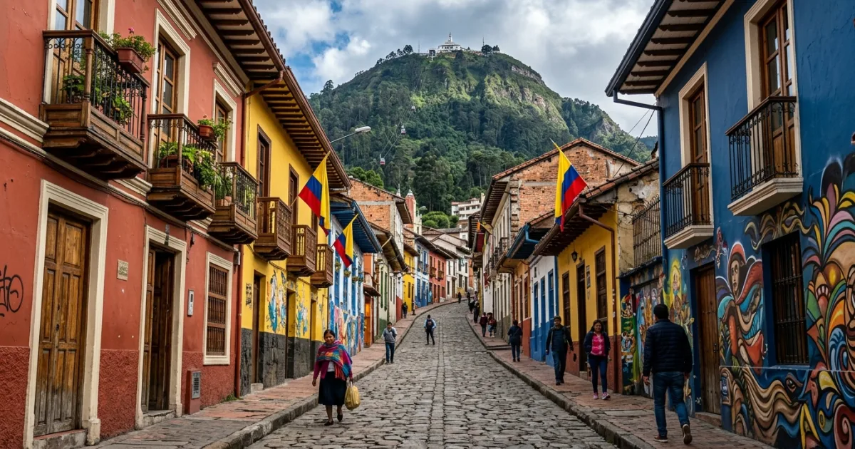 Colorful colonial houses and street art on a cobblestone street in La Candelaria, Bogota