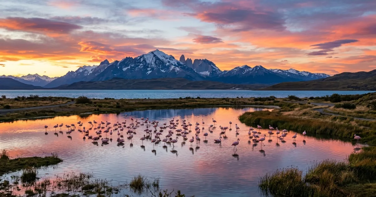 Chilean flamingos wading in the waters of Laguna Nimez Reserve at sunset