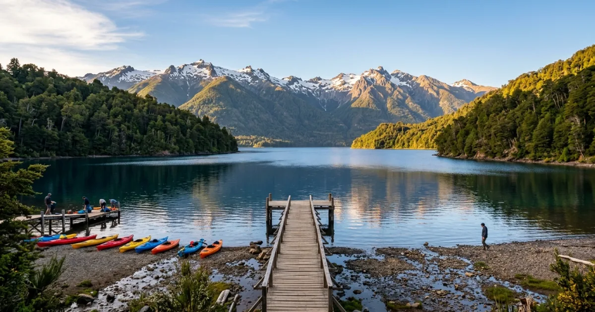 Panoramic view of Lake Lacar surrounded by the Andes mountains in Patagonia