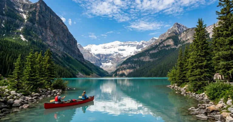 Lake Louise 4 Wide angle view of the turquoise waters of Lake Louise with a red canoe and the Victoria Glacier in the background
