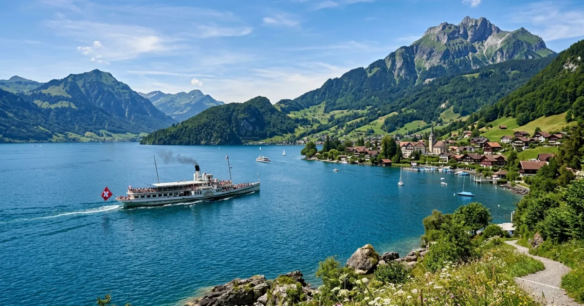 Scenic view of Lake Lucerne with a paddle steamer and surrounding Swiss Alps
