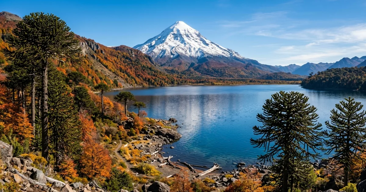 Scenic view of Lanin Volcano and Araucaria trees by Lake Huechulafquen in Patagonia