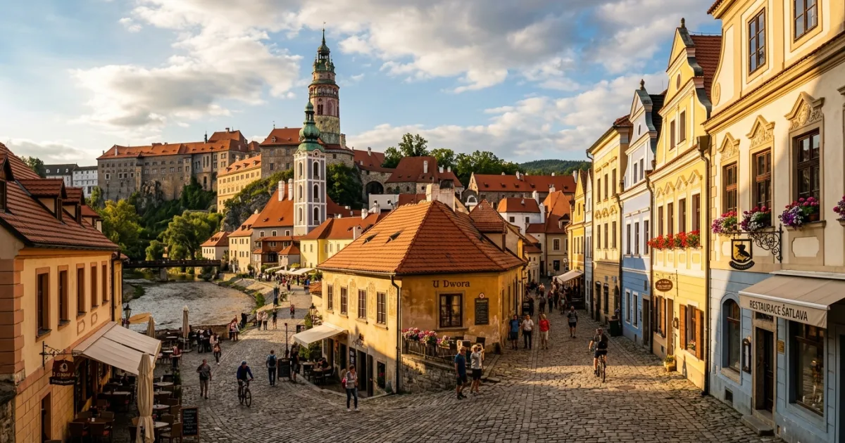 Cobblestone streets and historic houses of Latran Quarter in Cesky Krumlov